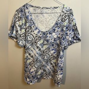 White with Black and Blue Paisley Design T by Talbots Scoop Neck Tee